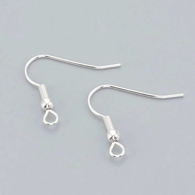 May include: A pair of silver earring hooks with a small loop at the bottom. The hooks are made of metal and have a spring-loaded closure.
