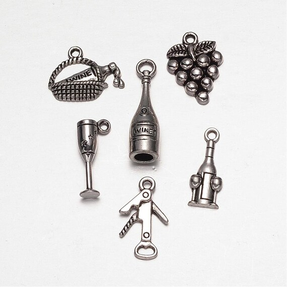 6 Wine Charm Theme Set, Tibetan Style Alloy Pendants, Antique Silver, Grapes, Cocktail Glass, Wine Bottle, DIY Wine charms, Wine Opener