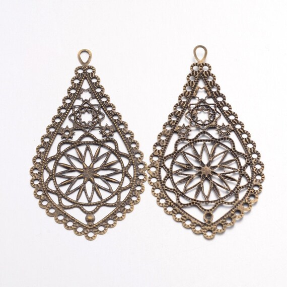 6 or 12 Large Antique Bronze Filigree Teardrop Pendants, Charms, Chandelier Findings DIY Jewelry Making, Big Pendants, Iron, 66x35x1mm