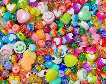 45 Grams (~270 Plus Beads), Hearts & Smiles Bead Mix, Acrylic, Hearts, Bubble Beads, Transparent, Opaque, AB, Smiley Face, Stripes, Rainbow