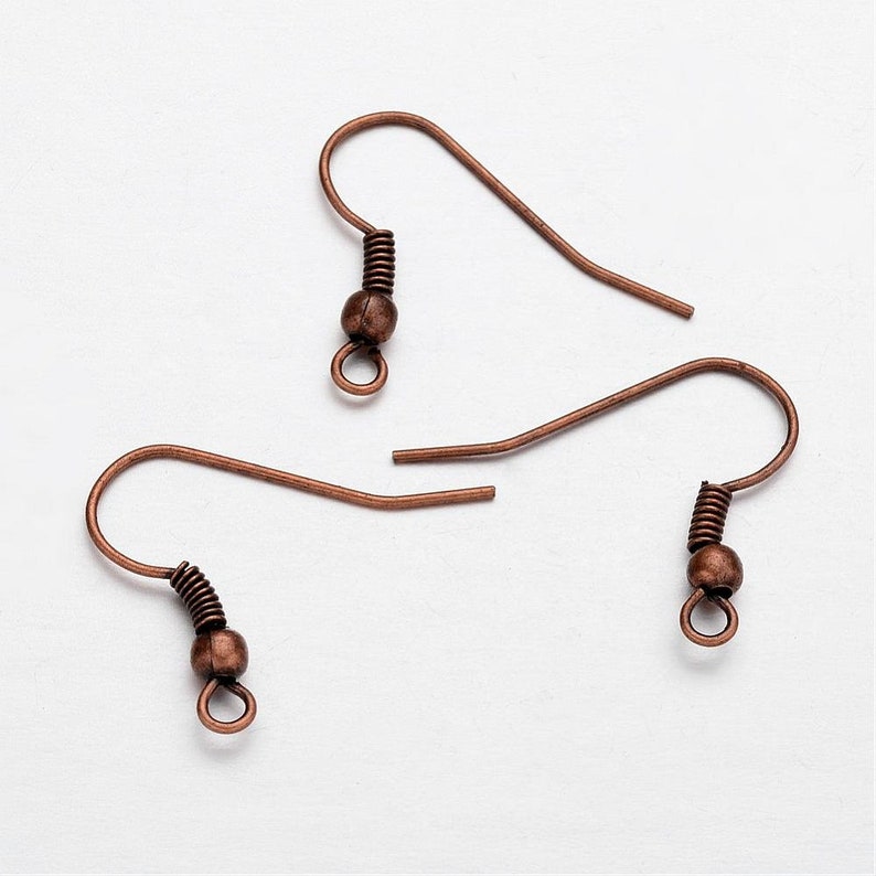 May include: Two copper earring hooks with a spring and a small ball at the end.