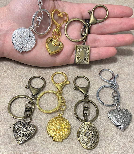 Locket and Keychain, Antique Bronze, Silver, Gold, Heart,  Oval with Flower Pattern, Valentine's Day Gift, Gift to Remember, Anniversary