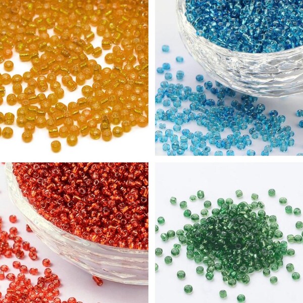 12/0 Silver Lined Glass Seed Beads, Orange Red, Green, Sky Blue,  and Red colors, 10gram reusable container