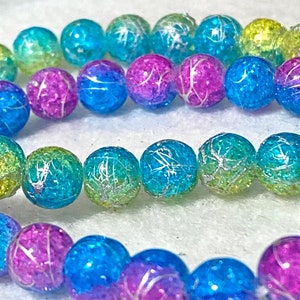 15in Strand, ~50 beads, Crackle 2-Toned Glass Beads With Accented Lines, Size 8mm, Yellow Blue, Pink Blue, Rainbow, Fantasy Beads