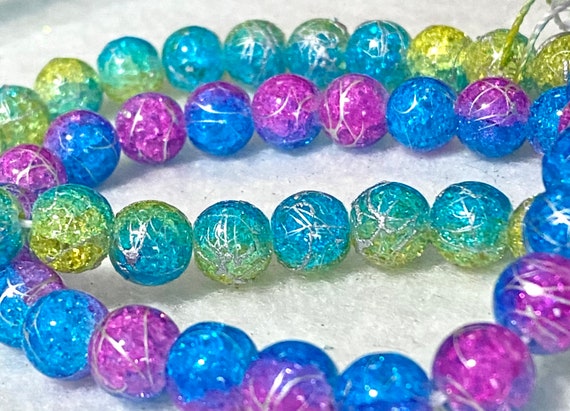 15in Strand, ~50 beads, Crackle 2-Toned Glass Beads With Accented Lines, Size 8mm, Yellow Blue, Pink Blue, Rainbow, Fantasy Beads