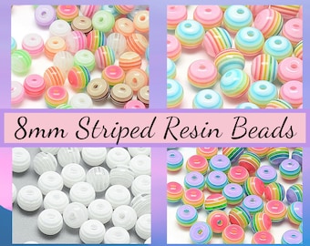 100 Stripe Resin Beads, Size 8mm, White, Mix Color or Rainbow, DIY Jewelry, DIY Kid's Crafts, Variety, Bead Mix, LGBTQ