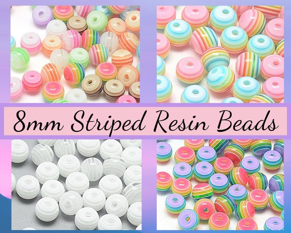 100 Stripe Resin Beads, Size 8mm, White, Mix Color or Rainbow, DIY Jewelry, DIY Kid's Crafts, Variety, Bead Mix, LGBTQ