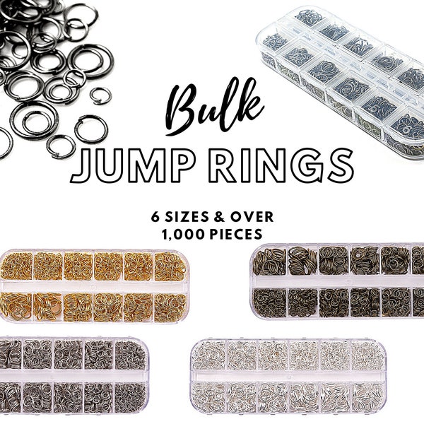 1000 (approx) Jump Rings, 6 Sizes 4-10mm, Black, Copper, Silver, Bronze, Gold, Steel, 21 Gauge, Storage Box, Iron, Closed but Unsoldered