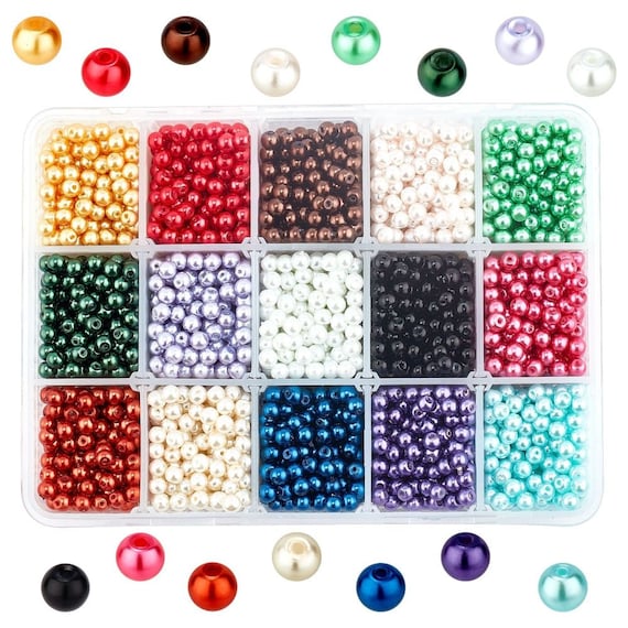 Glass Pearl Kit, 4mm, Mixed Colors, ~3400 Beads Per Kit, ~225 Beads Per Color, Reusable Container, Red, Blue, Purple, White, Green, Pink,