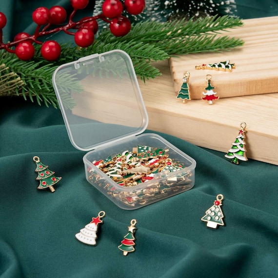 56pcs Christmas Tree Charms, Bulk, With Storage Container, Enamel, 7 Styles, Holiday, DIY Jewelry, DIY Holiday, Golden Pendants, Trees
