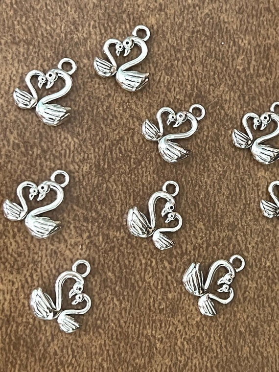 10 Swan Charms,  Antique Silver, Tibetan Style Allow, Lead and Cadmium Free, DIY Jewelry Making, Swan Couple, Swan Pendants, Heart Swan