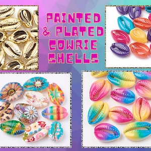 May include: Assortment of painted and plated cowrie shells. The shells are painted in various colours and patterns, including rainbow, floral, and animal print. Some shells are gold plated.