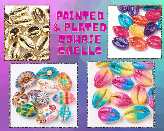 5 or 10 Decorated Cowrie Shell Beads, Undrilled, Tie Dye, Spray Painted, DIY Crafts, Gold, Pukka Beads, Seashell, Hair Beads, Decoration