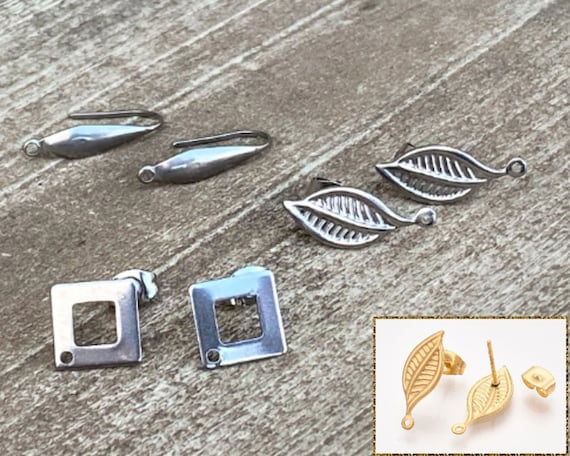5 or 10 Pairs Stainless Steel DIY Embellished Studs, Rhombus, Diamond, Teardrop, Leaf, DIY Dangle Stud Earrings, Tarnish Free Hypoallergenic