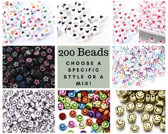 200 (approx) Acrylic Beads, Small, Mix Color, 7mm Flat Round, Smiley Face, Heart, Shapes, Letter Beads, DIY Jewelry, Kid's Craft, Rainbow