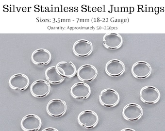 50-200pcs (approx) Bright Silver Stainless Steel Jump Rings, 3.5mm-7mm, 18-22gauge, Metal Connectors, DIY Jewelry, Unsoldered, Silver, Link