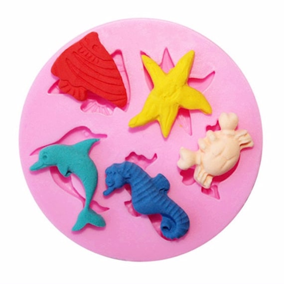 Ocean Marine Creature Silicone Mold, Dolphin, Crab, Starfish, Angelfish, DIY Fondant, Candy, UV Resin, Soap, Epoxy, Jewelry, Miniatures