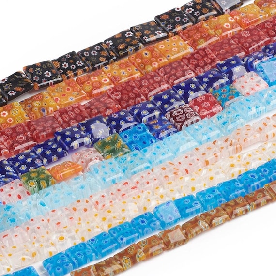 35 Mixed Glass Beads, Millefiori, Lampwork, Flower Patterns, Colorful Design, Mixed Sizes and Colors, Squares, Ovals, Handmade Glass Beads