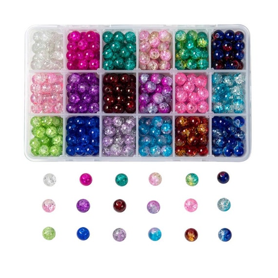 18 Colors Round Crackle Glass Beads, Size 4mm or 8mm, Transparent, DIY Crafts, Mixed Colors, Kit, Suncatcher Beads, Cracked Beads, Lines