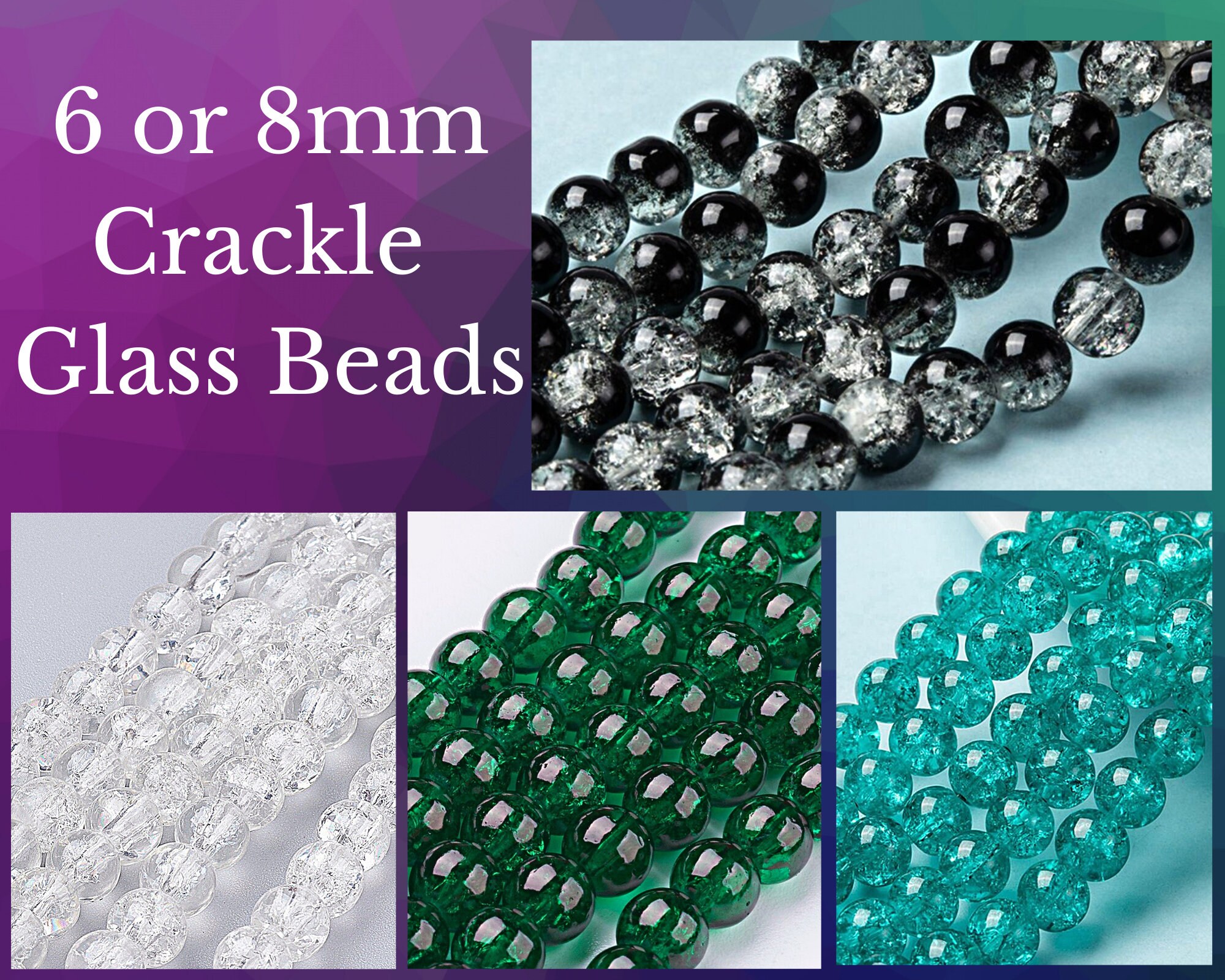 100 Clear, Black, Sea Green Turquoise, Dark Green, Mix, Crackled Glass  Beads, 8mm or 6mm, Transparent, DIY Crafts, DIY Jewelry, Broken Beads 