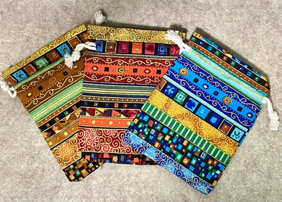 1, 5 or 10 Colorful Cloth Drawstring Bags, Ethnic, Golden, Packaging, Spice, Nuts, Jewelry, Party Favor Bag, Wrapping, Swirl Design, Pattern