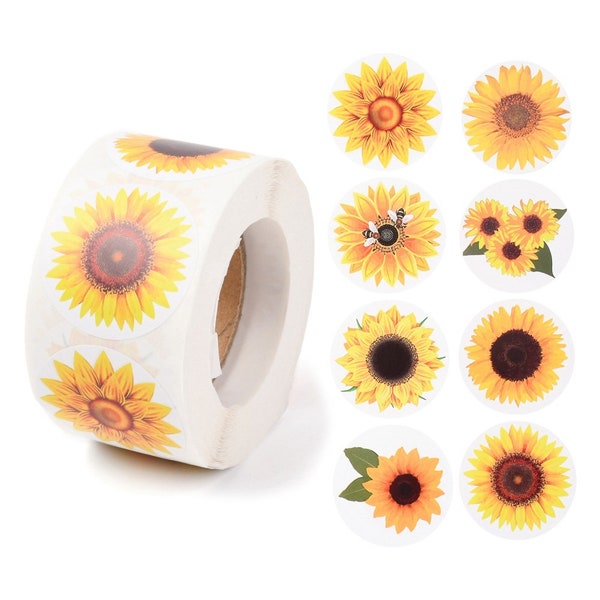 500Pcs/Roll Bulk Large Sunflower Stickers, 1.5 Inches, 3.8cm, Floral Variety, Self-Adhesive Kraft Paper Gift Tag, Labels, Thank You, Yellow