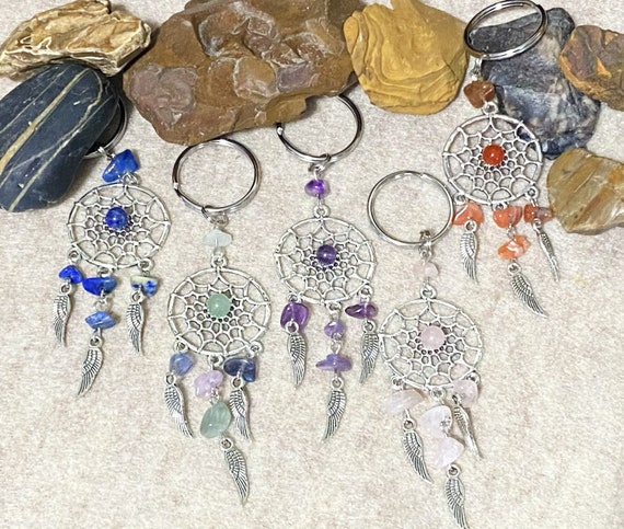 Dreamcatcher Keychain With Natural Gemstones And Alloy Feathers, Woven Net, Web, Lapis, Amethyst, Carnelian, Rose Quartz, Rainbow Fluorite