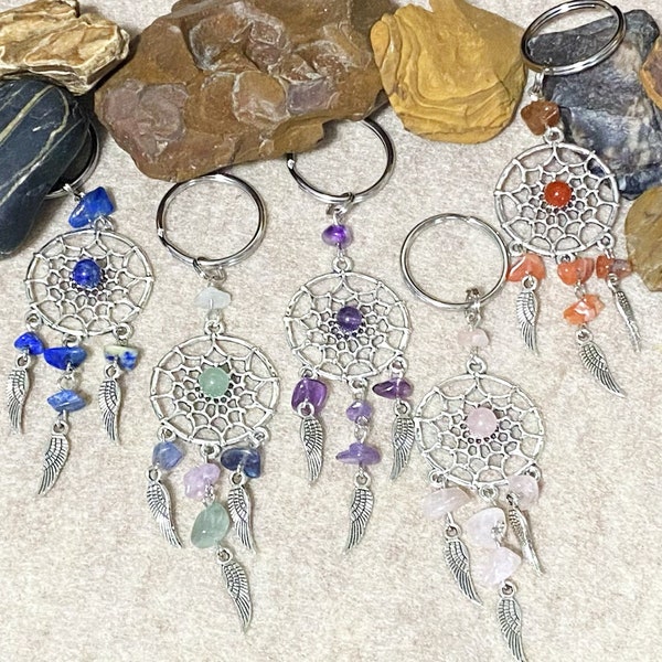 Dreamcatcher Keychain With Natural Gemstones And Alloy Feathers, Woven Net, Web, Lapis, Amethyst, Carnelian, Rose Quartz, Rainbow Fluorite