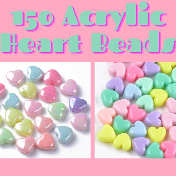 150 Heart Acrylic Beads, Mixed Color, 11mm, AB Plated, DIY Craft, Jewelry Making, Kid's Crafts, Rainbow Beads, Valentine's Day, Love, Heart