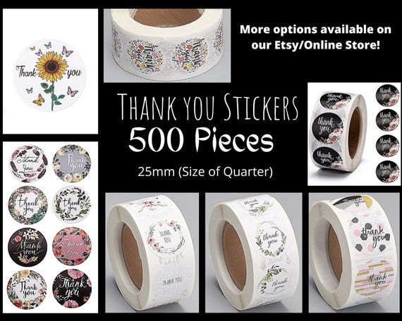 500Pcs/Roll 25mm-Size of a Quarter-Thank You Stickers, Variety, Self-Adhesive Kraft Paper Gift Tag, Colorful, Sunflower, Butterfly Labels