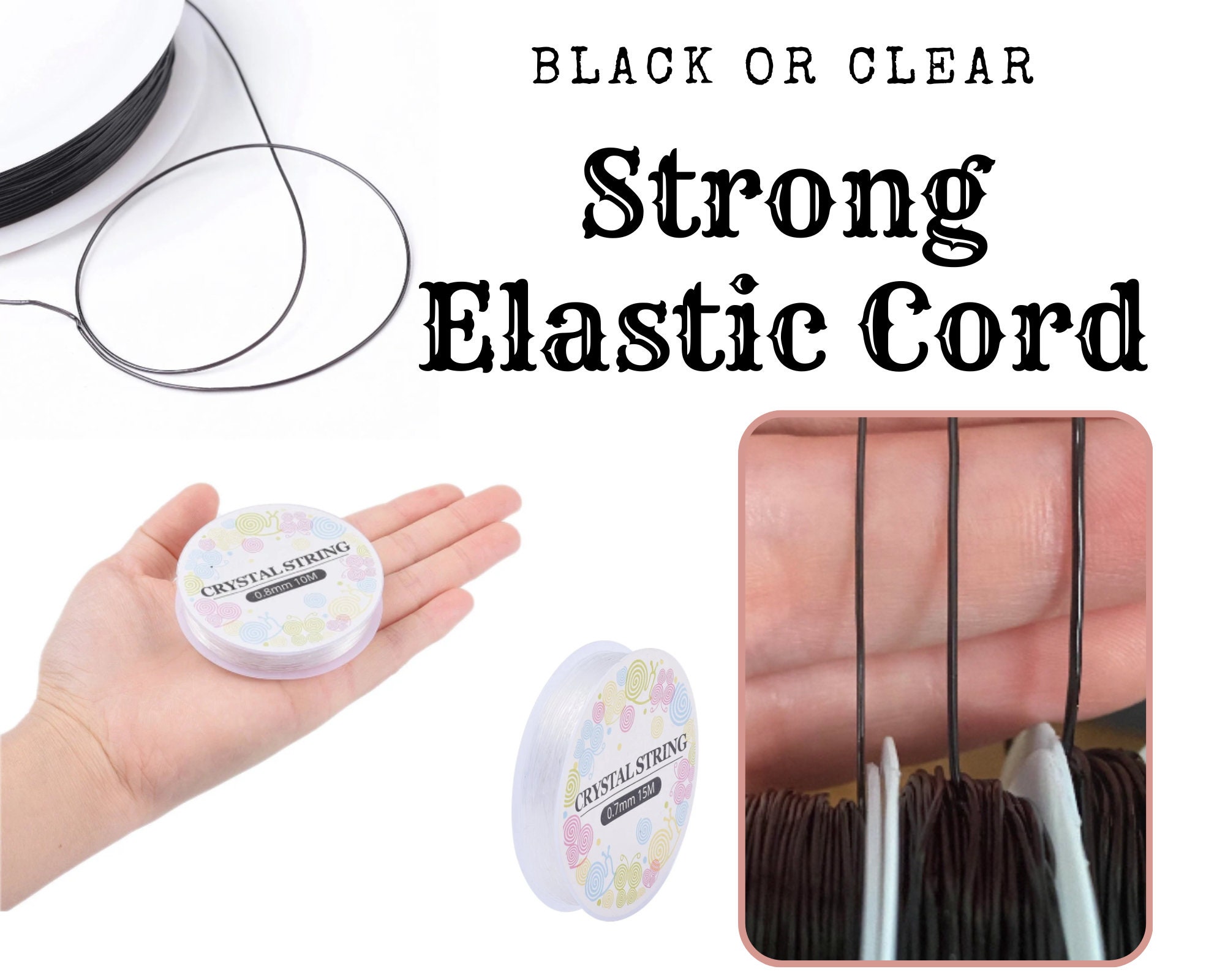1 or 2 Rolls Clear or Black Elastic Cord, Thread, Crystal Technology,  Strong, Long Lasting Memory, 1mm, 0.7mm, 0.8mm, 10-15m/roll, DIY 