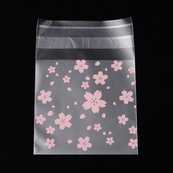 100 (Appox) Cherry Blossom, Sakura Flower, Pink Flower Clear OPP Cellophane Resealable Bags for Bakery, Candle, Soap, Cookies, Treats, Etc