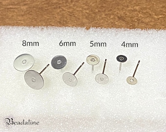 10, 25, or 50 Pair of 4mm, 5mm, 6mm, 8mm Blank Stainless Steel Earring Stud, Cabochon Setting, Hypoallergenic, Flat Pad, DIY Earring, Round