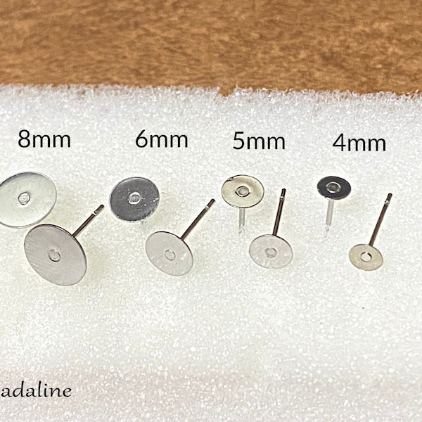 10, 25, or 50 Pair of 4mm, 5mm, 6mm, 8mm Blank Stainless Steel Earring Stud, Cabochon Setting, Hypoallergenic, Flat Pad, DIY Earring, Round