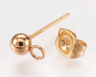 5, 10, 15 or 25 Pair 24k Gold Plated Stainless Steel 4mm Ball Post DIY Earrings w/ Loop. Hypoallergenic,  Tarnish Resistant, Stud/Back