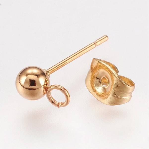 5, 10, 15 or 25 Pair 24k Gold Plated Stainless Steel Ball Post Earrings w/ Loop. Hypoallergenic,  DIY Earrings, Tarnish Resistant, Stud/Back