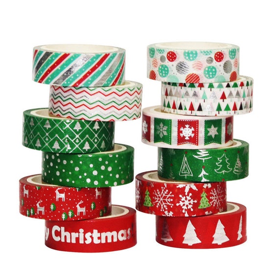 12 Mixed Color & Style Christmas Holiday Adhesive Washi Tape Set