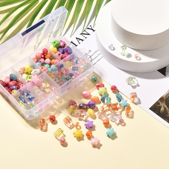 195 (approx.) Acrylic Beads, Mixed Shapes and Colors, DIY Kid's Crafts, DIY Jewelry, Star, Round, Column, Transparent, Rainbow, Bead Kit
