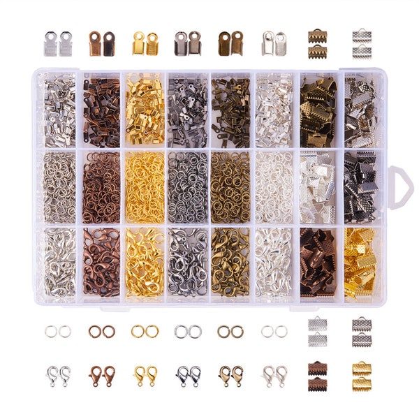 Jewelry Findings Kit, Mixed Color Ribbon Crimp Ends, Jewelry Ends, Clasps, Jump Rings, Cord Ends, Bronze, Gold, Silver, Platinum, Gunmetal