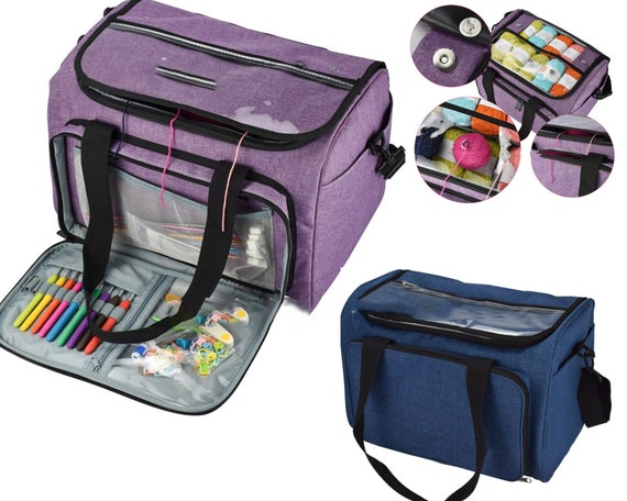 Bag, Storage for Yarn, Needles, Knitting Sewing Supplies, Hooks, and Other Accessories, Bag Only, Over Shoulder Strap, Blue, Purple, Tote