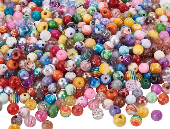 200 Acrylic Beads, 8mm, Mixed Colors and Designs, Rainbow, Opaque, Crackle, Transparent, DIY Jewelry Making, Kid's Crafts, Round, Large