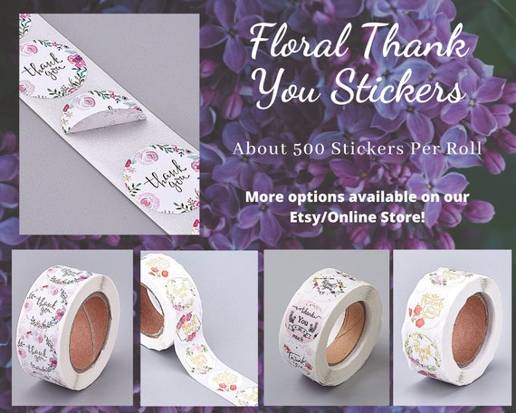 500Pcs/Roll Bulk Thank You Stickers, Floral Variety, Self-Adhesive Kraft Paper Gift Tag, Colorful, Flower, Circle Thank You Stickers, Labels