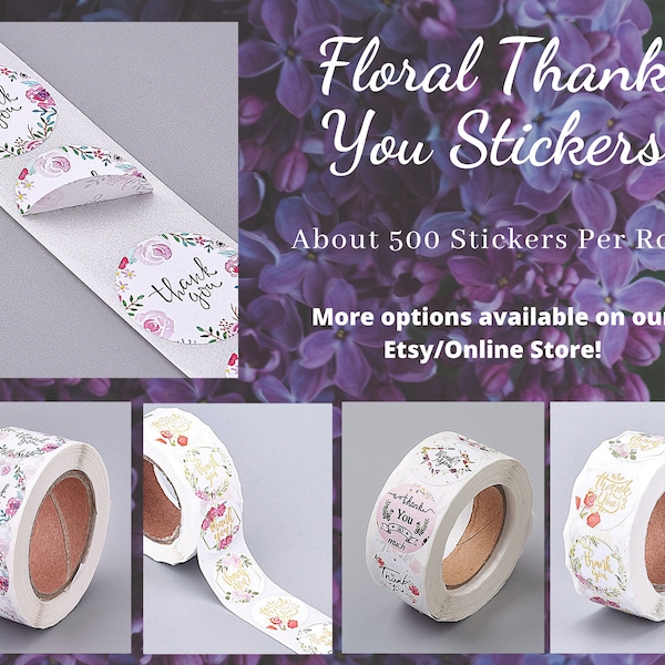 500Pcs/Roll Bulk Thank You Stickers, Floral Variety, Self-Adhesive Kraft Paper Gift Tag, Colorful, Flower, Circle Thank You Stickers, Labels