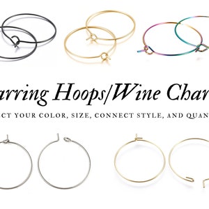 10, 20, or 30 Gold, Steel/Silver, Black, Rainbow Stainless Steel Hoop Earring, Wine Glass Charm DIY, Hypoallergenic, Tarnish-Resist, 15-40mm