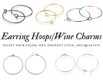 10, 20, or 30pcs; 15-40mm; Gold, Steel, Black, Rainbow Stainless Steel Hoop Earring, Wine Glass Charm DIY, Hypoallergenic, Tarnish-Resist