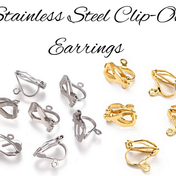 5 or 10 Pair Clip On Earrings, Stainless Steel, Hypoallergenic, Gold, Platinum, DIY Dangle Clip-On Earrings, For Non-Pierced Ears, With Loop