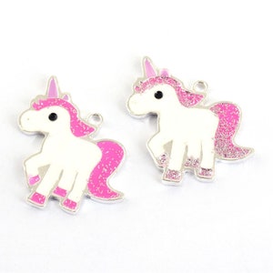 6 or 12 Cute Hot Pink Sparkly Unicorn Enamel Zinc Alloy Charms, White Unicorns, Silver, Unicorn Pendant for DIY Jewelry, Kid&#39;s Crafts