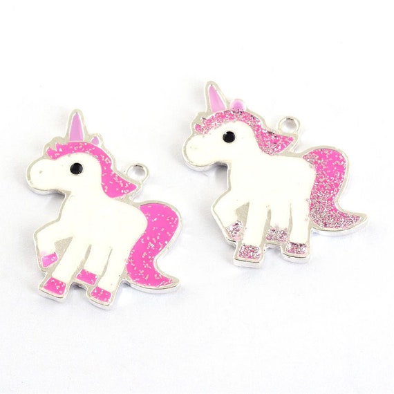 6 or 12 Cute Hot Pink Sparkly Unicorn Enamel Zinc Alloy Charms, White Unicorns, Silver, Unicorn Pendant for DIY Jewelry, Kid's Crafts