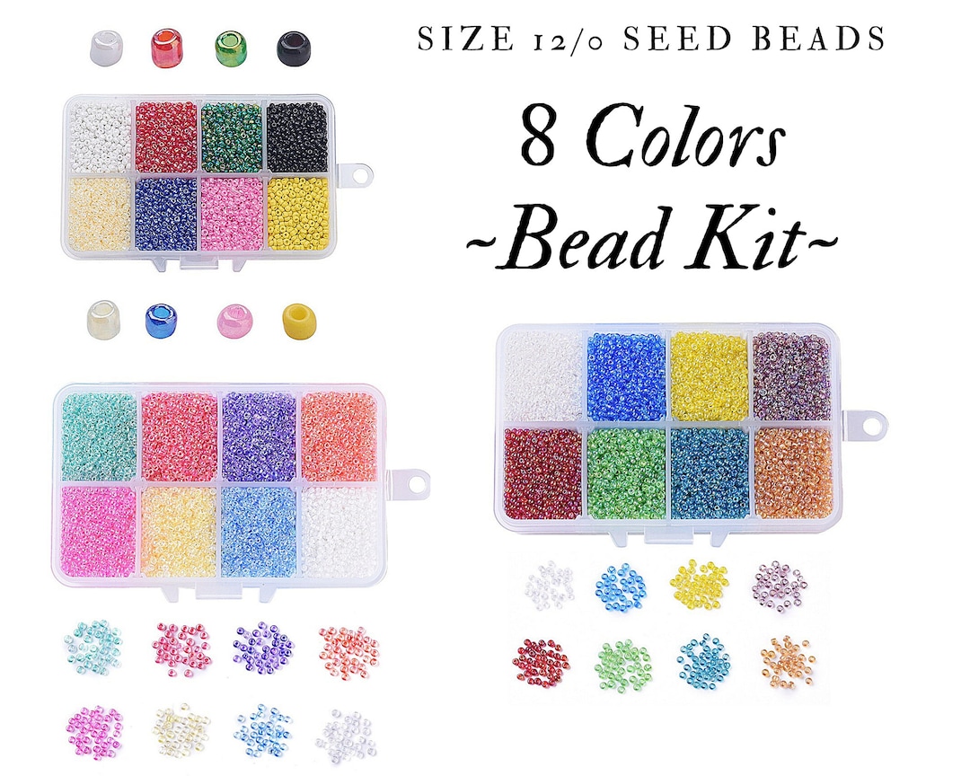Size 12/0 Seed Bead Kit, 2mm, 8 Different Mixed Color Kit, 1mm Hole,  Rainbow, Transparent, Opaque, Rainbow, AB, Spacer Beads, Mixed Lot Bulk 