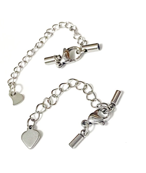 5 Sets Stainless Steel Cord End Set with Heart Charm, Lobster Claw Clasp, and Extender Chain, 2mm inner diameter, DIY Bracelet Ends, 2mm